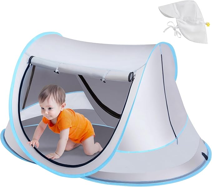 Baby Beach Tent with Baby Hat, Pop Up Toddler Travel Bed with Sun Hat for Boys or Girls, Sun Shade for Toddler Camping, Infant Portable Sun Shade, Summer Beach Baby-CubbioJoy