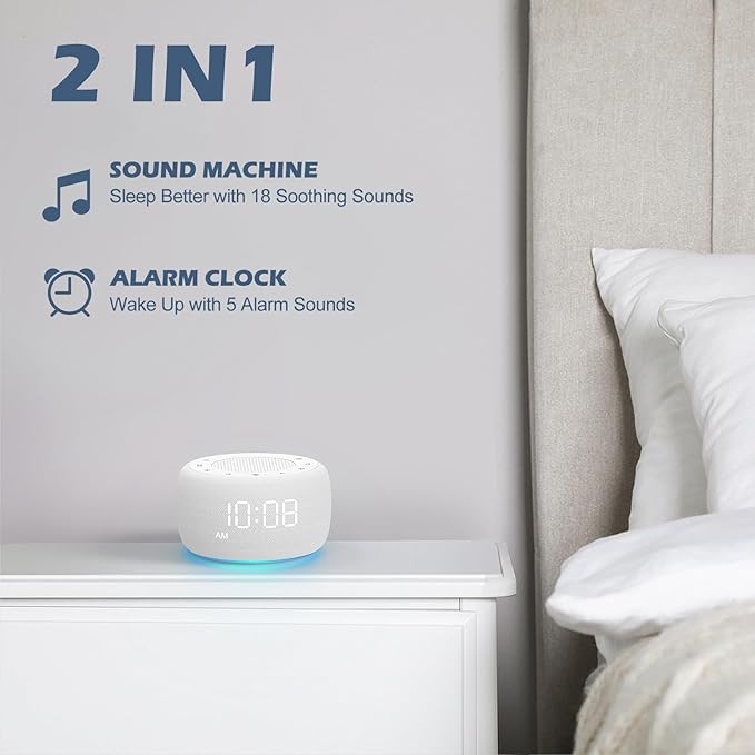 Buffbee Sound Machine & Alarm Clock 2-in-1, 0-100% Clock Face Brightness, Bottom Colored Light, Sleep Timer, Precise 30-Level Volume Control White Noise Machine - White-CubbioJoy