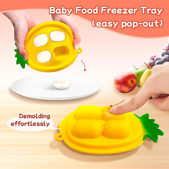 Baby Fruit Food Feeder - Silicone Nibble Tray Combo - Breastmilk Popsicle Mold for Cooling Relief, BPA Free Mesh Feeder for Infant Self Feeding (Antler Pink + Pineapple)-CubbioJoy
