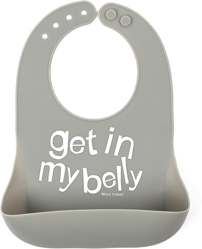 Baby Bib for Eating by Bella Tunno, Waterproof Silicone Bib with Large Food Catcher, Adjustable Fit for Babies 4-12 months & Toddlers 1-3 Years, Boys & Girls, Get In My Belly-CubbioJoy