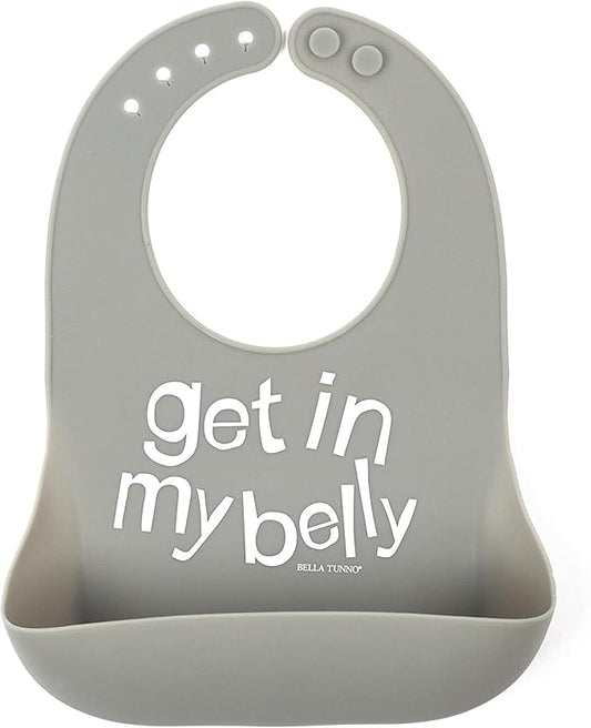 Baby Bib for Eating by Bella Tunno, Waterproof Silicone Bib with Large Food Catcher, Adjustable Fit for Babies 4-12 months & Toddlers 1-3 Years, Boys & Girls, Get In My Belly-CubbioJoy