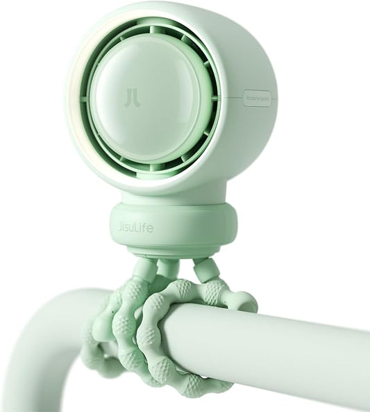 JISULIFE Stroller Fan Baby Large, Safe Bladeless for Crib, Desk, 4000mAh Battery Rechargeable Portable Cooling Fan with Air Turbo Tech, Night Light, Food-Grade Gift for Mom/Dad/Friend - Green-CubbioJoy