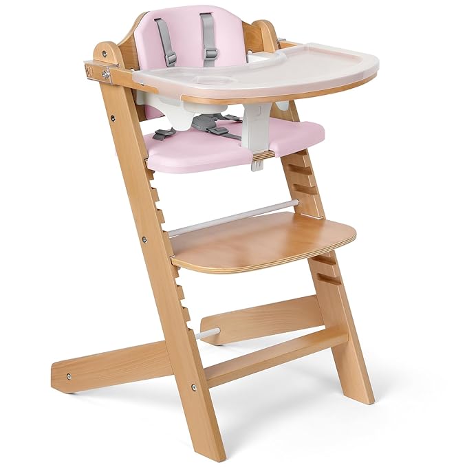 Cowiewie Natural Wooden High Chair for Babies & Toddlers 3-Tier Remove Adjustable Tray and Highchair with Cushions, Easy to Clean, Portable. (Pink)-CubbioJoy