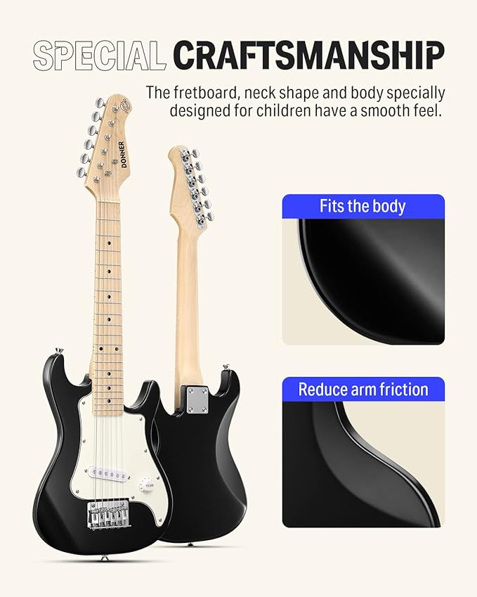Donner 30 Inch Kids Electric Guitar Beginner Kits ST Style Mini Electric Guitar for Boys Girls with Amp, 600D Bag, Tuner, Picks, Cable, Strap, Extra Strings, DSJ-100, Black-CubbioJoy