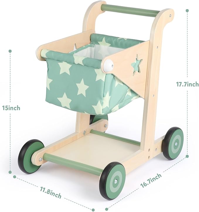 Asweets 2 in 1 Wooden Baby Walker Push and Pull Doll Stroller, Shopping Cart Learning Walker for Boys and Girls, Sit Stand Learning Toddler Toy (Green)-CubbioJoy