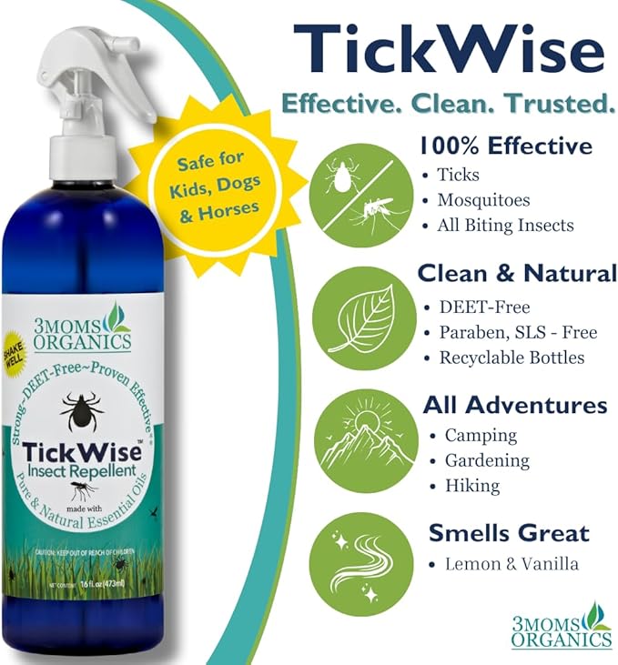 3 Moms Organics TickWise | 16oz Extra Strength, DEET- Free, Tick and Insect Repellent | Plant Based Essential Oils and All Natural Ingredients | Safe for Kids, Adults, Dogs and Horses-CubbioJoy