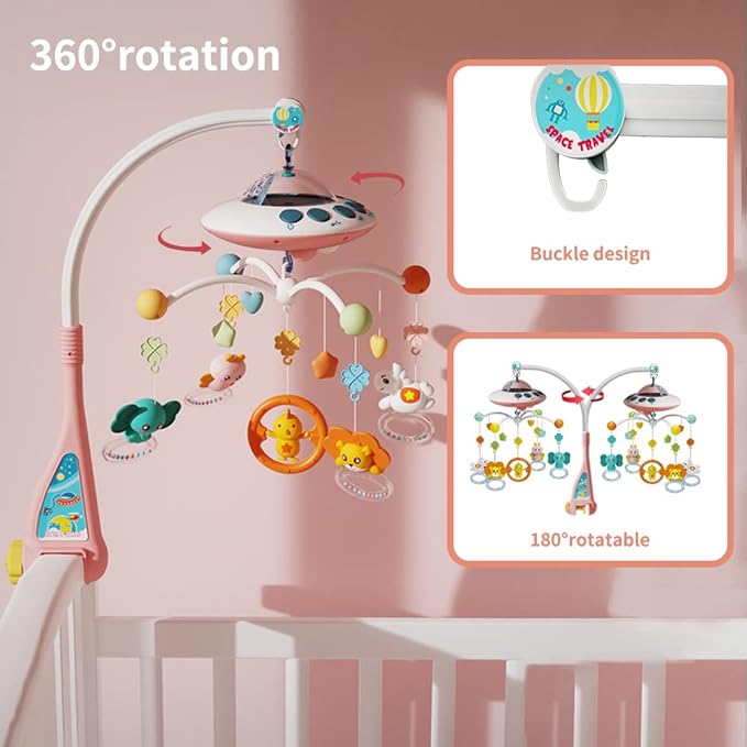 Baby Musical Crib Mobile with Night Lights and Relaxing Music,Hanging Rotating Animals Rattles,Stars Projection,Remote Control,for Boy Girl Newborn Baby Toys（Pink）-CubbioJoy