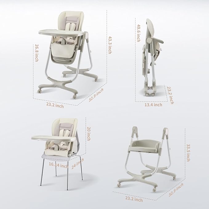 6 in 1 Convertible High Chairs for Babies and Toddlers,Portable High Chair with Dishwasher Tray and 4 Wheel,Booster Seat for Dining Table,Foldable Toddle and Baby Feeding Highchair (White)-CubbioJoy