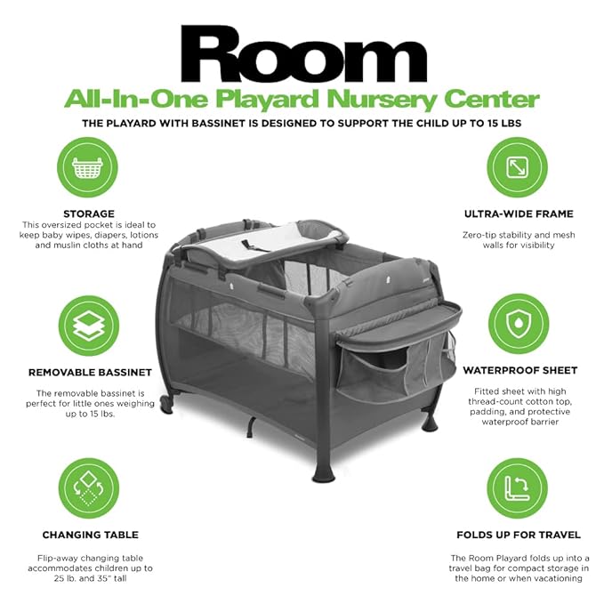 Joovy Room-Playard, Nursery Center, Bassinet, Changing-Table, Charcoal-CubbioJoy