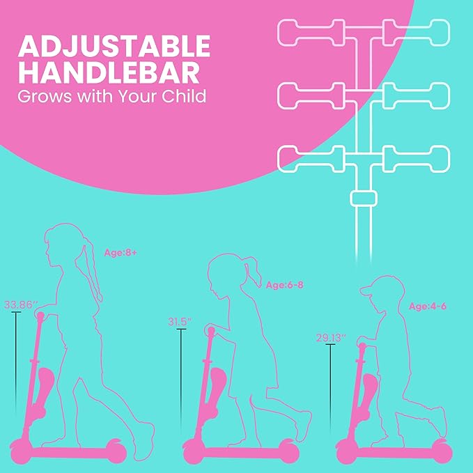 Candy 3 Wheel Scooter with Seat for Kids – Light-Up LED Wheels, Adjustable Handlebar and Seat, Smooth PU Wheels, Wide Anti-Slip Deck, Rear Foot Brake – Toddler Outdoor Toys for Ages 2+-CubbioJoy