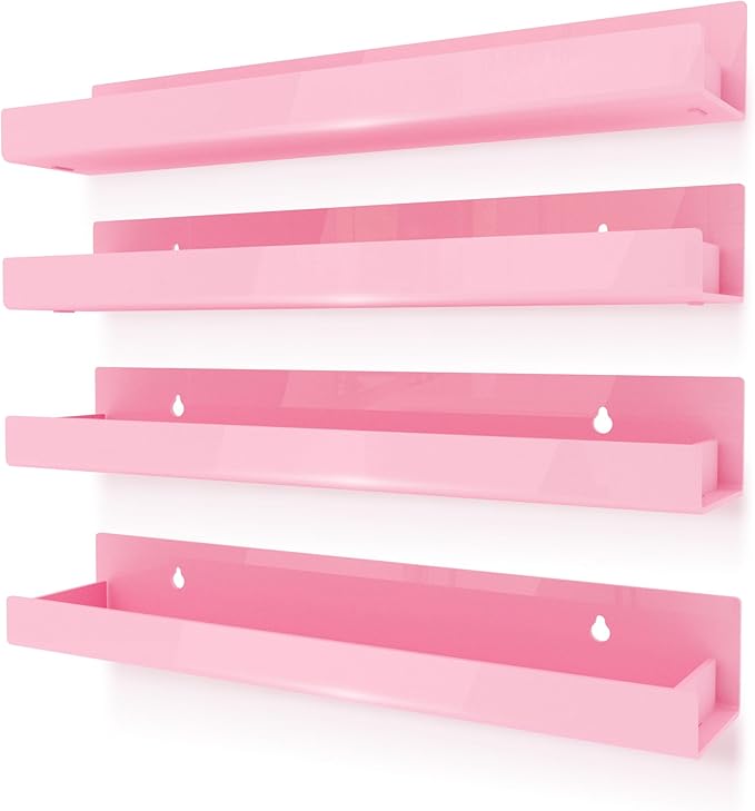 4 Pack 15 Inch Pink Acrylic Shelves, Kids Floating Bookshelf for Kids Room, Modern Nail Polish Rack Sunglasses Essential Oil Picture Ledge Display Toy Storage Wall Shelf-CubbioJoy