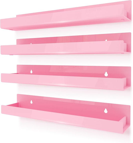 4 Pack 15 Inch Pink Acrylic Shelves, Kids Floating Bookshelf for Kids Room, Modern Nail Polish Rack Sunglasses Essential Oil Picture Ledge Display Toy Storage Wall Shelf-CubbioJoy