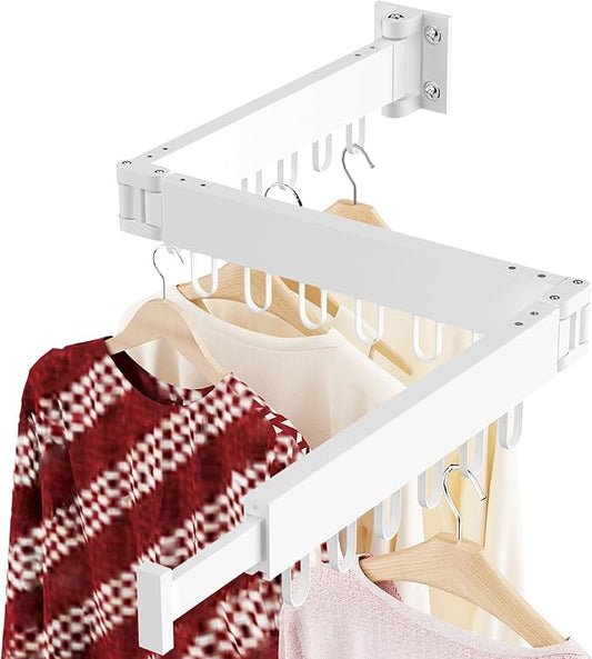 JAUREE Clothes Drying Rack Wall Mounted, Laundry Drying Rack Collapsible, Space Saving Wall Drying Rack Clothing Foldable, Tri-Fold Retractable Rack Outdoor Indoor with 18 Hooks, White-CubbioJoy
