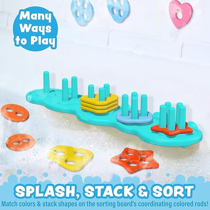 Baby Bath Toys, Sorting & Stacking Toy Bath Toy, Shape Sorter Toys for Bathtub,Stacking Bath Toy Set with 20 Textured Floating Pieces, Toddler Early Learning Bathtub Fun-CubbioJoy