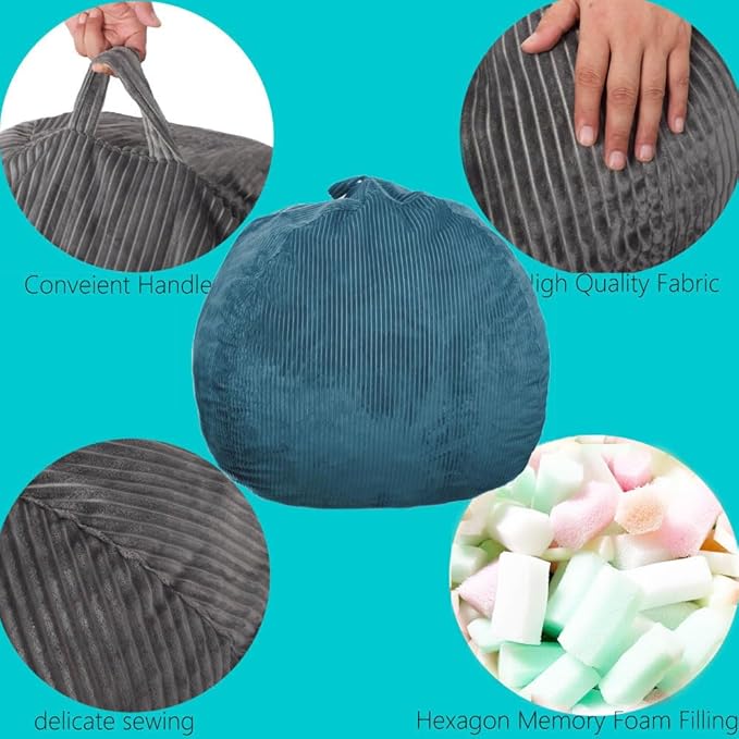 Bean Bag Chair 3Ft Luxurious Faux Rabbit Fur Memory Foam Bean Bag Chairs for Adults/Teens with Filling,Ultra Soft Faux Fur Fabric, Round Fluffy Sofa for Living Room Bedroom College Dorm (Blue)-CubbioJoy