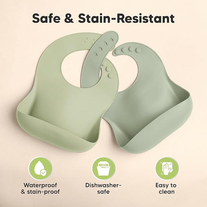 KeaBabies 2-Pack Silicone Baby Bibs for Eating - Sturdy Food-Grade Silicone Bibs for Babies Girl, Boy, Large Food Catcher, Clean & Put On Easily, Waterproof Toddler Feeding Essentials (Sage)-CubbioJoy