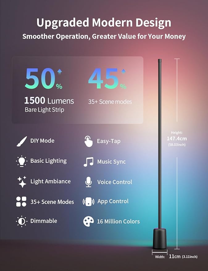 Ailofy Corner Floor Lamp, 1500lm RGBW Corner Lamp Work with Alexa & Google Assistant, 16 Million DIY Colors, Sync with Music, App Control, Modern LED Floor Lamp for Living Room & Bedroom, Black-CubbioJoy
