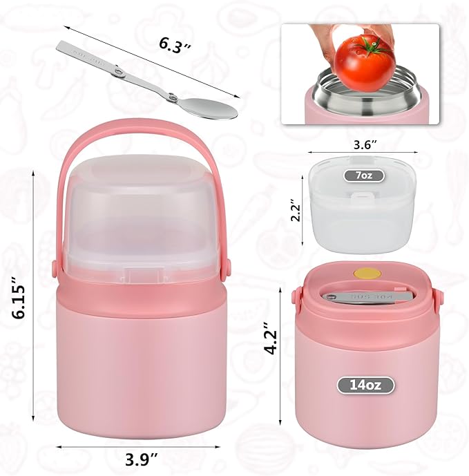 2 - in - 1 Soup Thermo for Hot Food 14oz with Snack Box Container Leak Proof Insulated Lunch Container Kids and Adults Stainless Steel Double Wall Vacuum Wide-mouth Thermal with Spoon and Handle-CubbioJoy