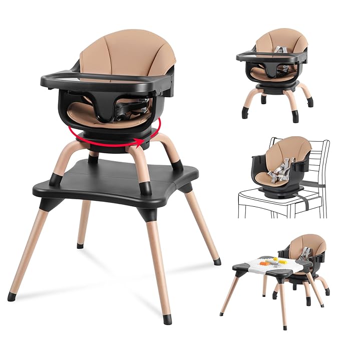 Baby High Chair, 7 in 1 Convertible High Chairs for Babies and Toddlers, Kids Learning Table, Building Block Table, Toddler Dining Chair with 360° Rotating Seat, 5-Point Safety Harness (Black)-CubbioJoy