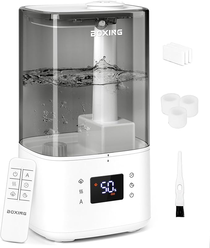 BOXING 6L Warm & Cool Mist Humidifiers for Bedroom, Air Humidfier for Large Room with Remote Control, Auto Mode Perfect for Baby & Plants, Top Fill, Sleep Mode, Timer, Essential Oil Tray, 60H-CubbioJoy