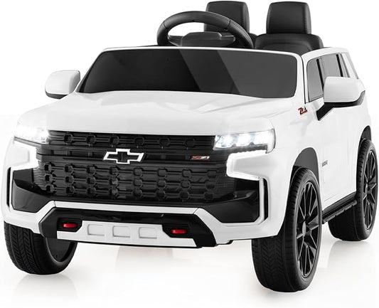 Costzon Ride on Car, 12V Licensed Chevrolet Tahoe Battery Powered Electric Vehicle w/ 2.4G Remote Control, High/Low Speed, Music, Lights, MP3/USB/FM, Spring Suspension, Electric SUV for Kids (White)-CubbioJoy