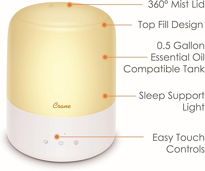 Crane Top Fill Mini Humidifier for Bedroom and Nursery 3-in-1 Essential Oil Diffuser Sleep Light 0.5 Gallon Baby Humidifier-CubbioJoy