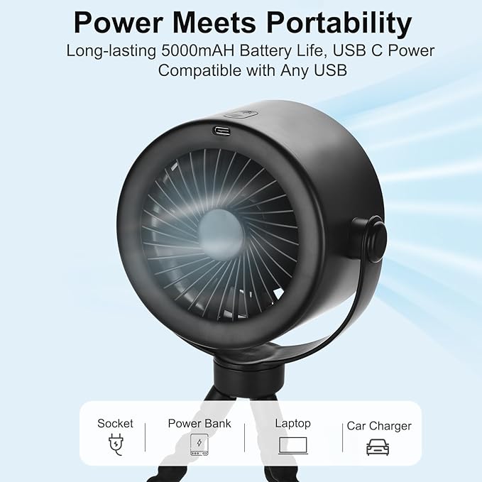 5000mAh Portable Stroller Fan with LCD Display, 5-Speed, Rechargeable Battery Operated, 360° Rotation, Tripod Clip, 17-Hour Battery Life for Carseat, Strollers, Cribs, Wheelchairs, Bedrooms & Travel-CubbioJoy