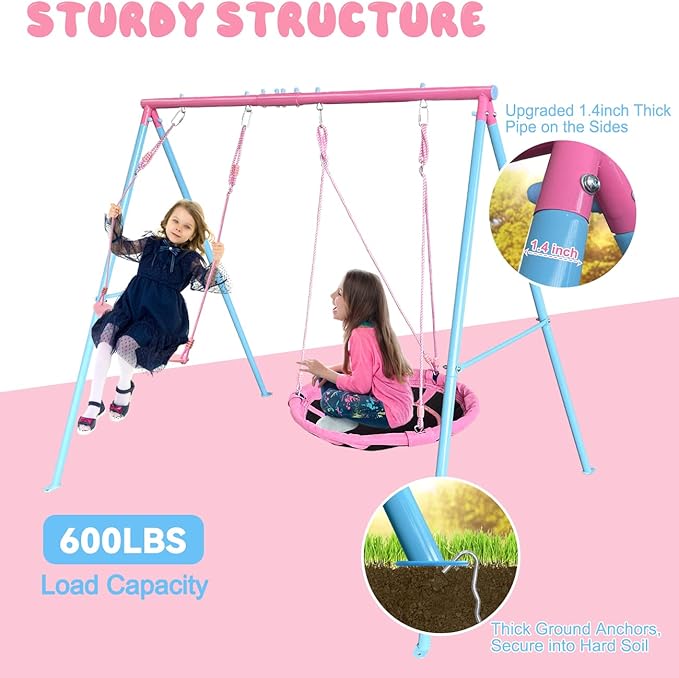 440lbs 2 Seat Kids Swing Sets for Backyard, 1 Saucer Tree Swing 32 inch, 1 Belt Swings, Heavy Duty Metal Swing Stand with Anchors(Pink+Blue)-CubbioJoy