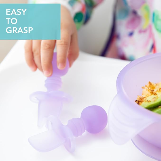 Bumkins Baby Utensils Set, Chewtensils Silicone Spoons for Dipping, Self-Feeding, Baby Led Weaning, Trainer Learning, First Stage Eating, Soft Practice Fork and Spoon, Babies 6 Months, Purple Jelly-CubbioJoy