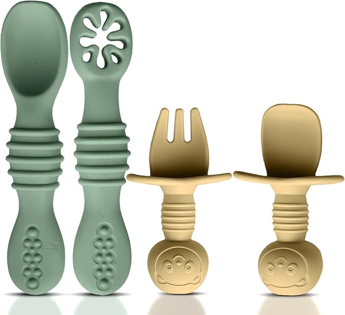 4pc Silicone Baby Spoons Self Feeding Baby Utensils 6-12 Months - 3 Baby Spoon - 1 Baby Fork - Toddler Cutlery Set - BPA Free, Dishwasher Safe - Baby Eating Essentials (Green/Yellow) - Small-CubbioJoy