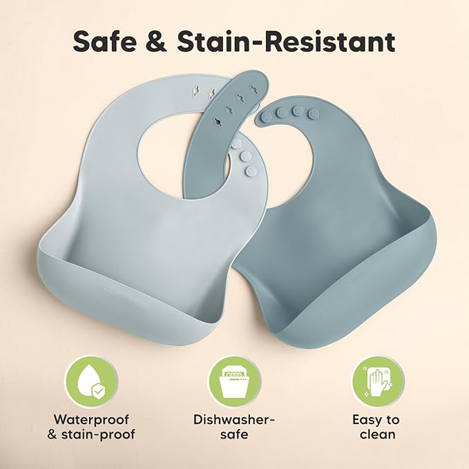 KeaBabies 2-Pack Silicone Baby Bibs for Eating - Sturdy Food-Grade Silicone Bibs for Babies Girl, Boy, Large Food Catcher, Clean & Put On Easily, Waterproof Toddler Feeding Essentials (Alps)-CubbioJoy
