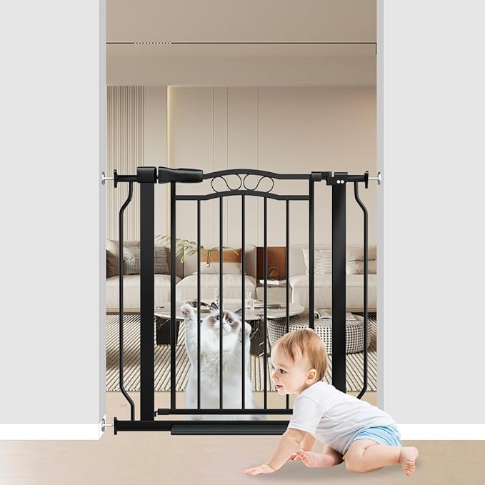 29.53"-33.85" Mornyray Auto-Close Baby Gate Extra Wide, Pressure Mounted Dog & Pet Gate for Stairs Doorways, No Drill Safety Barrier with Lace Design, Metal Child Proof Gate Indoor Outdoor, Black-CubbioJoy