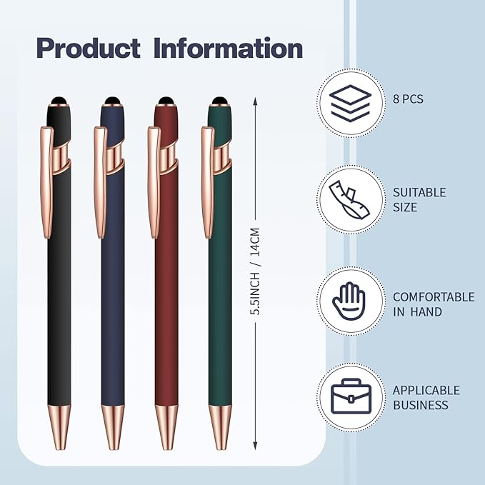 8 Pieces Ballpoint Pen with Stylus Tip Black Ink 2 in 1 Stylus Metal 1.0 mm Medium Point Smooth Pen Rainbow Colorful Rubberized Ballpoint for Touch Screen Tablet(Red, Green, Navy, Black)-CubbioJoy