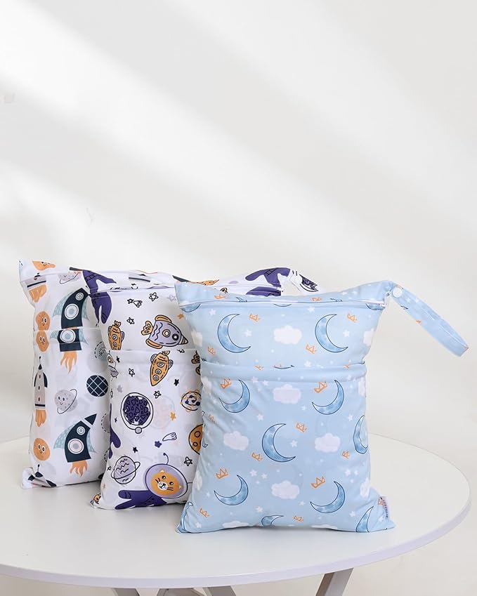 ALVABABY 3 Cloth Diaper Wet Dry Bags Waterproof Reusable with Two Zippered Pockets Travel Beach Pool Daycare Soiled Baby Items Yoga Gym Bag for Swimsuits or Wet Clothes Small Medium Large 3L-ZM28-CubbioJoy