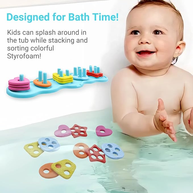 Baby Bath Toys, Sorting & Stacking Toy Bath Toy, Shape Sorter Toys for Bathtub,Stacking Bath Toy Set with 20 Textured Floating Pieces, Toddler Early Learning Bathtub Fun-CubbioJoy