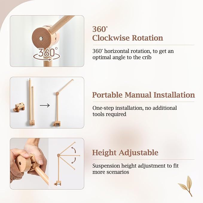 Baby Crib Mobile Arm - Wooden Mobile Arm with Height Adjustable＆360° Rotatable Upgraded Arched Base Nursery Mobile Holder for Crib Mobile Hanger Baby Crib Attachment Nursery Decor-CubbioJoy