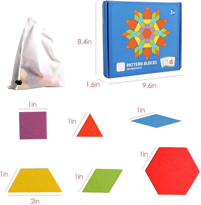 JCREN Wooden Pattern Blocks Montessori Toys Shape Puzzles Kindergarten Classic Educational Tangram Geometric Brain Teaser Toys Best STEM for Kids Ages 4-8 with 24 Pcs Design Cards-CubbioJoy