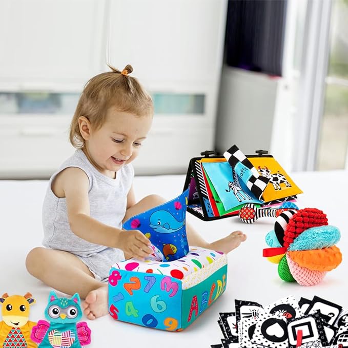Baby Gifts Set,Infant Toys Set with Tummy Time Mirror,Plush Teethers,High Contrast Baby Books,Rattle,Tissue Box Toy,Sensory Ball for Boys Girls,Perfect Sensory Toys Gifts Basket for Shower Birthday-CubbioJoy