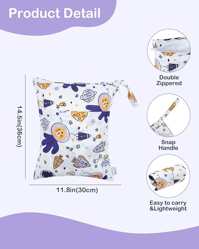 ALVABABY 3 Cloth Diaper Wet Dry Bags Waterproof Reusable with Two Zippered Pockets Travel Beach Pool Daycare Soiled Baby Items Yoga Gym Bag for Swimsuits or Wet Clothes Small Medium Large 3L-ZM28-CubbioJoy