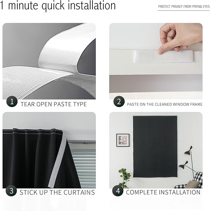 Adhesive Blackout Curtains- Self Stick Shades Window Blinds Curtains No Rod Needed Easy to Hang Curtains, Use for Bedroom, Living Room, Dining Room, Kitchen, Home Office, 47"W X 59"L, Black, 1 Panel-CubbioJoy