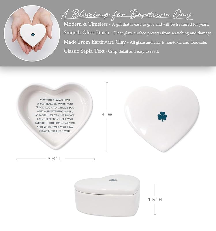Baptism Gift, First Communion Gift, or Confirmation Gift, Handmade Heart Ceramic Keepsake Box with Irish Blessing and Shamrock in Green-CubbioJoy