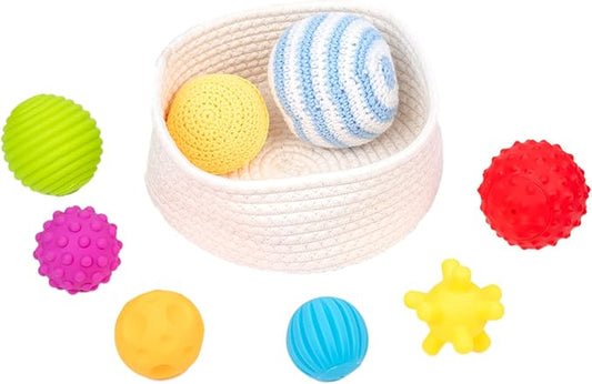 Adena Montessori 8 Pack Sensory Balls for Toddlers 1-3,Sensory Baby Toys 6-12 Months,Infant Educational Squeeze Sensory Toy Soft Multi Ball Set Gifts with Bright Color Textured with White Woven Basket-CubbioJoy