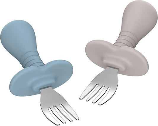 2 Pcs Baby Forks Toddler Forks for Self Feeding, Kids Forks with Silicone Round Handle, Stainless Steel Toddler Utensils Children Safe Silverware Set, Anti-Choke Design, BPA Free-CubbioJoy