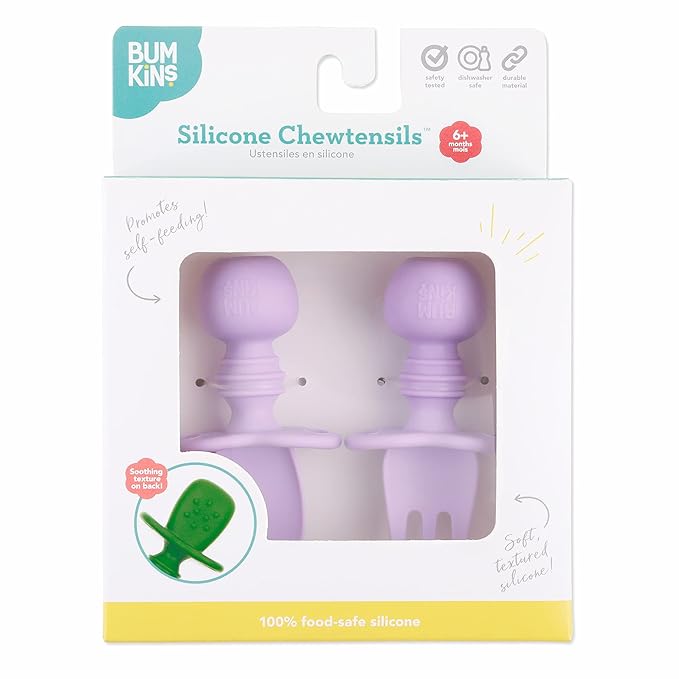Bumkins Baby Utensils Set, Chewtensils Silicone Spoons for Dipping, Self-Feeding, Baby Led Weaning, Trainer Learning, First Stage Eating, Soft Practice Fork and Spoon, Babies 6 Months, Lavender-CubbioJoy