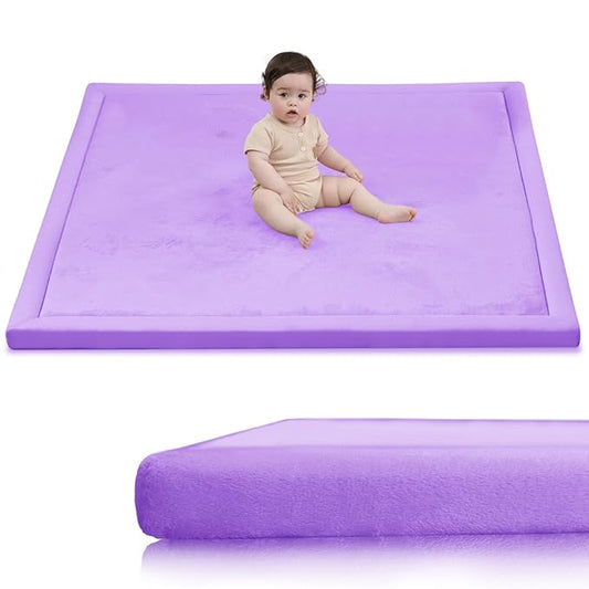 Baby Play Mat for Floor,1.3" Thick Elasti-Foam 50x50 Playpen Mat for Toddlers Infant Kids,Water-Repellent Soft Coral Velvet for Tummy Time,Non-Slip Backing for Crawling,Tatami Style(Lavender)-CubbioJoy