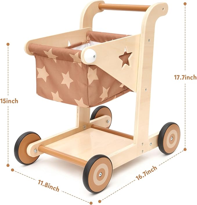Asweets 2 in 1 Wooden Baby Walker Push and Pull Doll Stroller, Shopping Cart Learning Walker for Boys and Girls, Sit Stand Learning Toddler Toy (Brown)-CubbioJoy