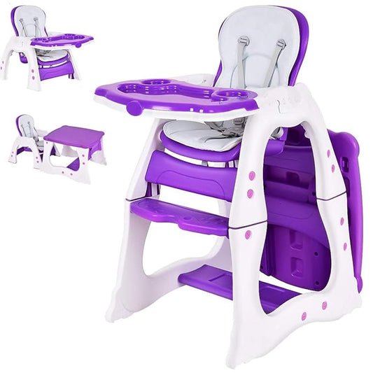 Costzon Baby High Chair, 3 in 1 Infant Table and Chair Set, Convertible Booster Seat with 3-Position Adjustable Feeding Tray, Adjustable Seat Back, 5-Point Harness (Purple)-CubbioJoy