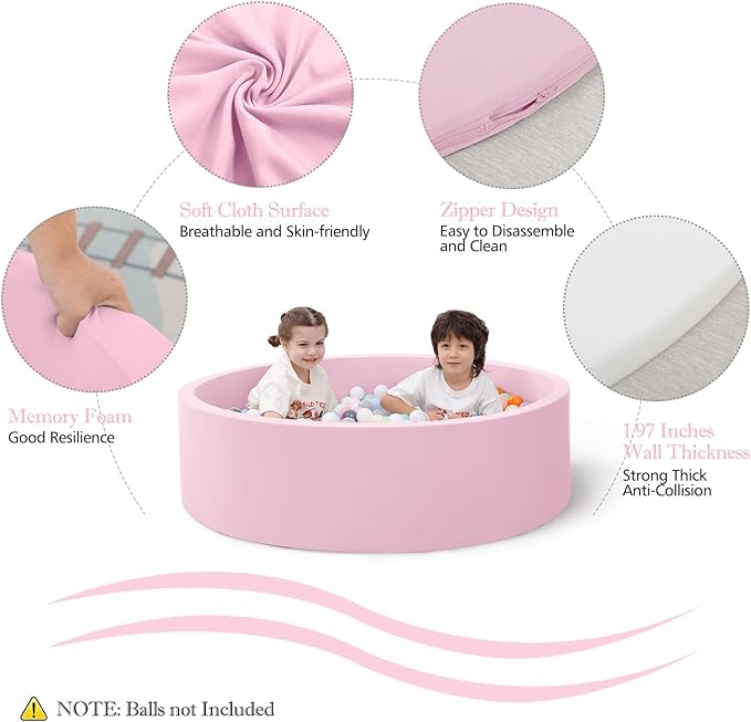 47.2"x 13.8" Foam Ball Pit, Large Ball Pits for Toddlers, Soft Round Playpen Ball Pool for Kids, Ideal Gift for Child Indoor and Outdoor Game, Pink(Balls not Included)-CubbioJoy