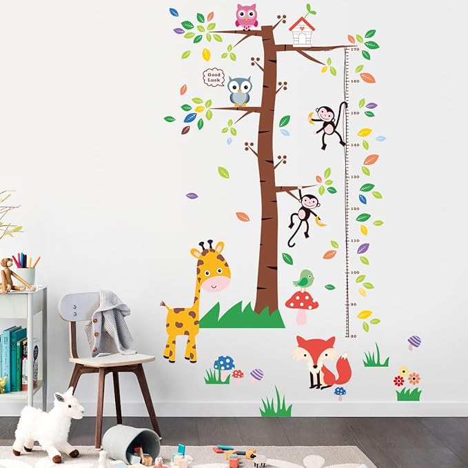 3D Cartoon Animal Height Growth Chart for Kids Wall Stickers Removable DIY Trees and Leaves Wall Stickers Vinyl Flowers Plants and Mushrooms Wall Art Decor for Nursery Kids Bedroom Living Room-CubbioJoy