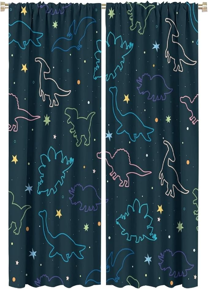 Cartoon Colorful Dinosaur Curtains for Kids Boys Girls Home Decor, Astronaut Funny Outer Space Star Blackout Rod Pocket Window Drapes for Bedroom Living Room W21xL63in 2 Panels-CubbioJoy